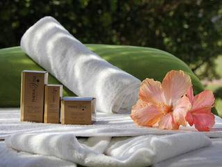 rolled towel and hibiscus flower